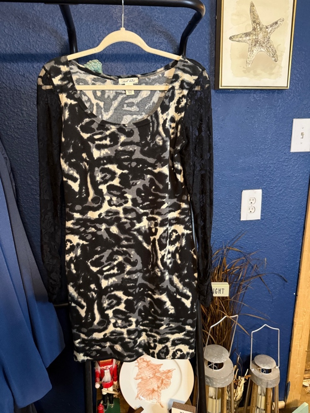 Black & Cream Patterned Long-Sleeve Women's Dress